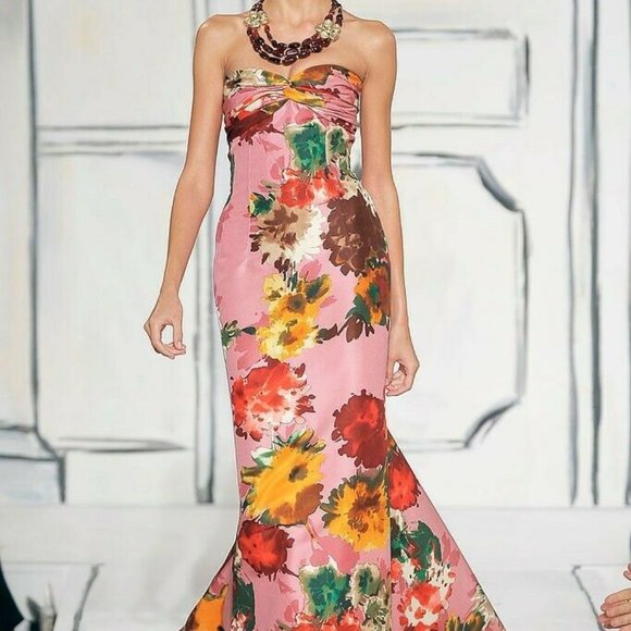 °$7,500 OSCAR DELA RENTA SILK FLORAL MULTI COLOR RUNWAY GOWN US 4 M - Picture 9 of 11